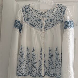 LoveShackFancy White Blouse with Blue Embroidery
